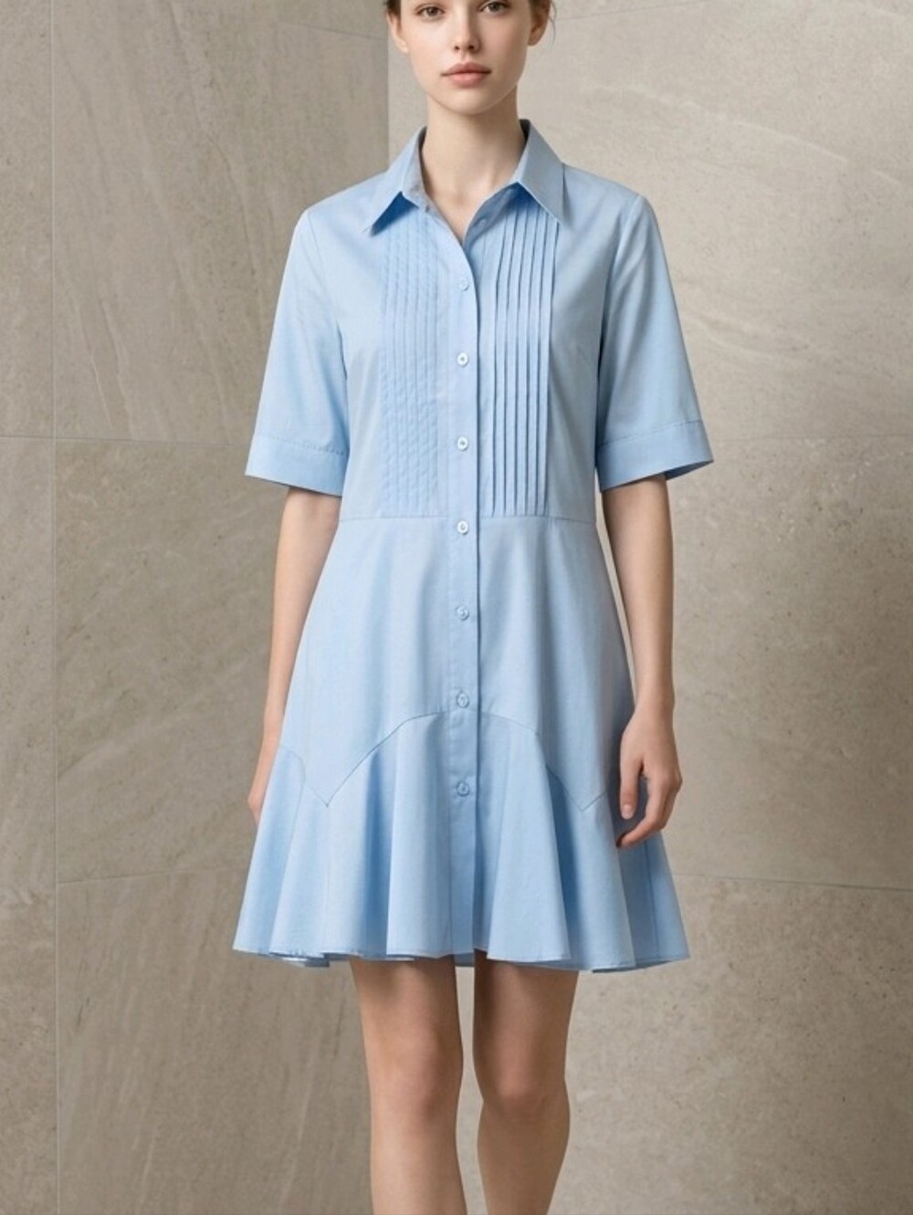 Jerry T. Light Blue Short-Sleeve Pleated Shirt Mini Dress